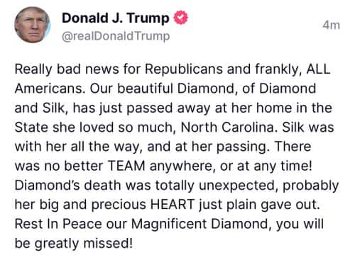 Donald Trump remembers Diamond of Diamond and Silk. (Truth Social/@realDonaldTrump)