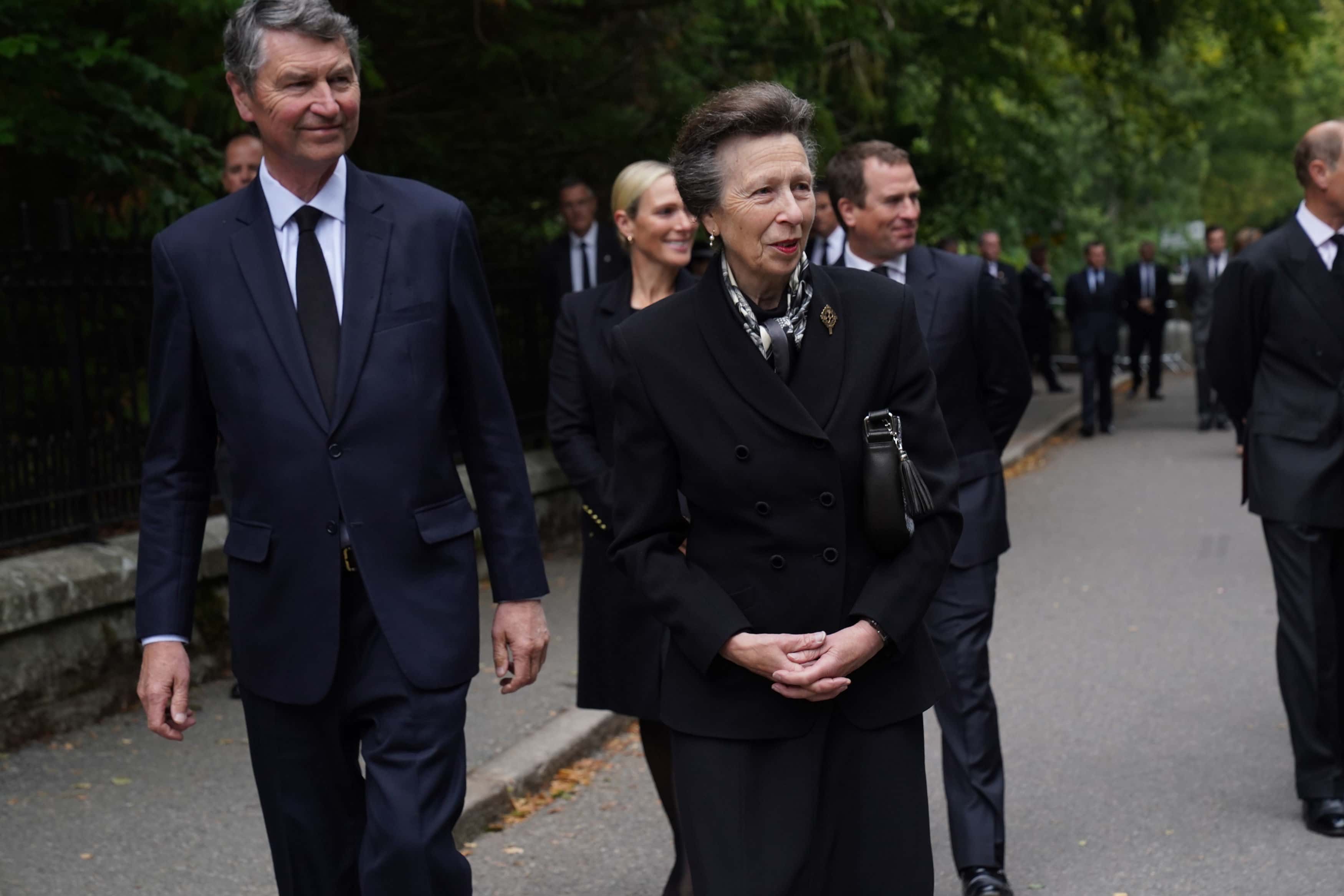 (left to right) The Princess Royal and her husband Vice Admiral Timothy Laurence on a walkabout to thank members of the public at Balmoral on September 10, 2022 in Aberdeen, United Kingdom. Elizabeth Alexandra Mary Windsor was born in Bruton Street, Mayfair, London on 21 April 1926. She married Prince Philip in 1947 and acceded to the throne of the United Kingdom and Commonwealth on 6 February 1952 after the death of her Father, King George VI. Queen Elizabeth II died at Balmoral Castle in Scotland on September 8, 2022, and is succeeded by her eldest son, King Charles III.