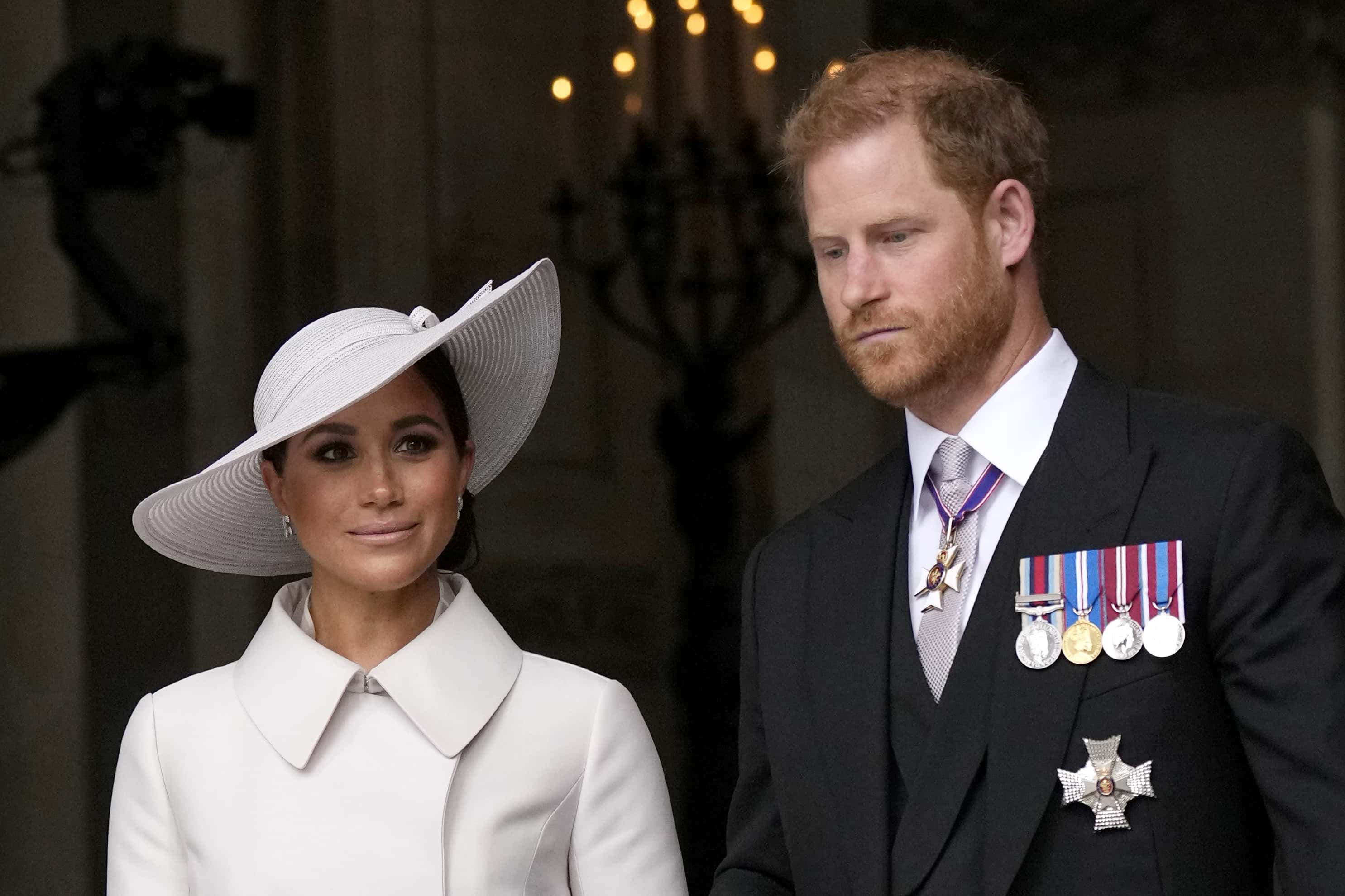 Prince Harry and Meghan Markle, Duke and Duchess of Sussex leave after a service of thanksgiving for the reign of Queen Elizabeth II at St Paul's Cathedral in London, Friday, June 3, 2022 on the second of four days of celebrations to mark the Platinum Jubilee. The events over a long holiday weekend in the U.K. are meant to celebrate the monarch's 70 years of service.