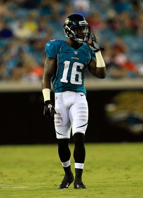 Antonio Dennard #16 of the Jacksonville Jaguars in action during a preseason game against the Atlanta Falcons at EverBank Field on August 30, 2012 in Jacksonville, Florida.