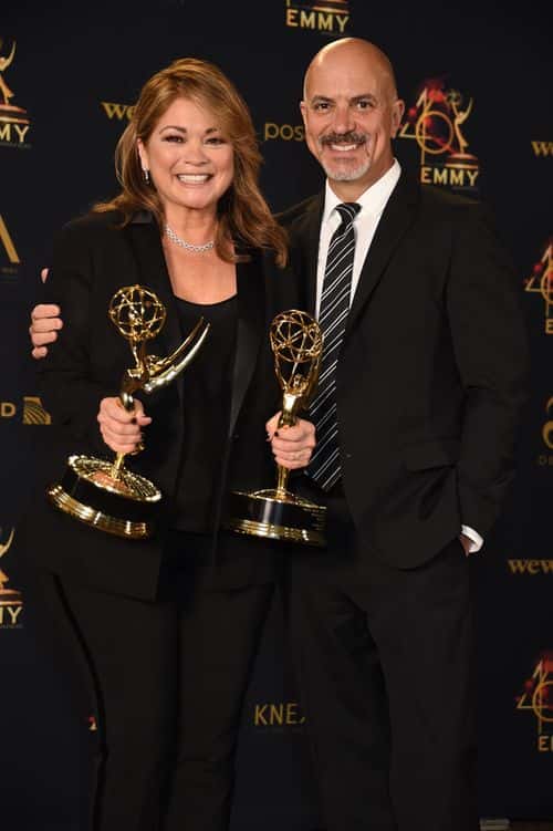 Valerie Bertinelli poses with the Daytime Emmy Awards for Outstanding Culinary Program and Outstanding Culinary Host with Tom Vitale in the press room during the 46th annual Daytime Emmy Awards at Pasadena Civic Center on May 05, 2019 in Pasadena, California.