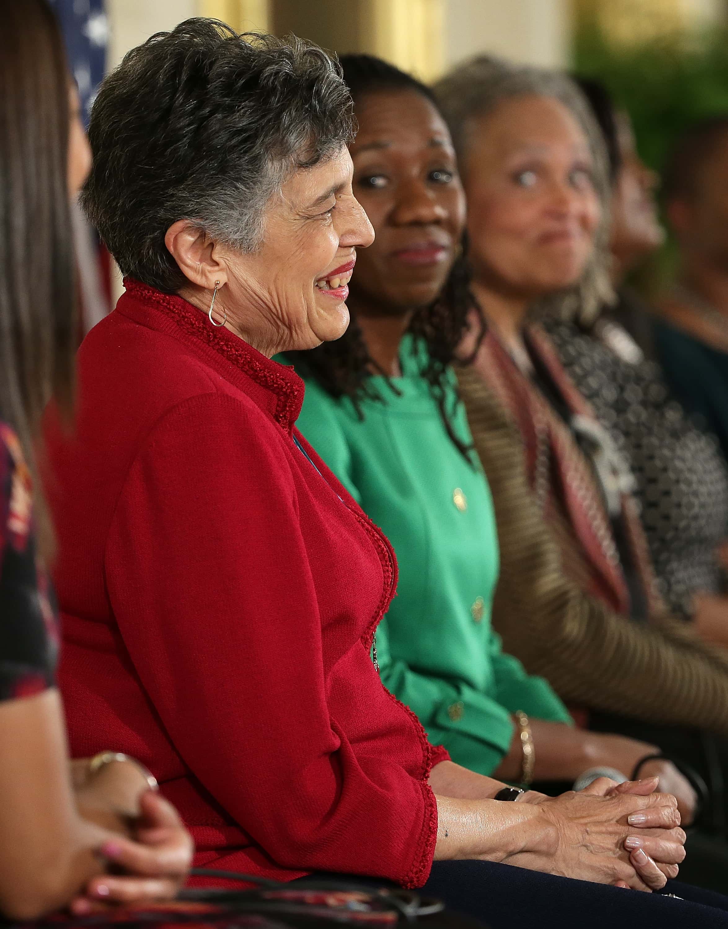 Charlotta Walls, a member of the Little Rock Nine, takes part in a panel of intergenerational women who played a role in the civil rights movement during an event in the East Room of the White House with first lady Michelle Obama February 20, 2015 in Washington, DC. The