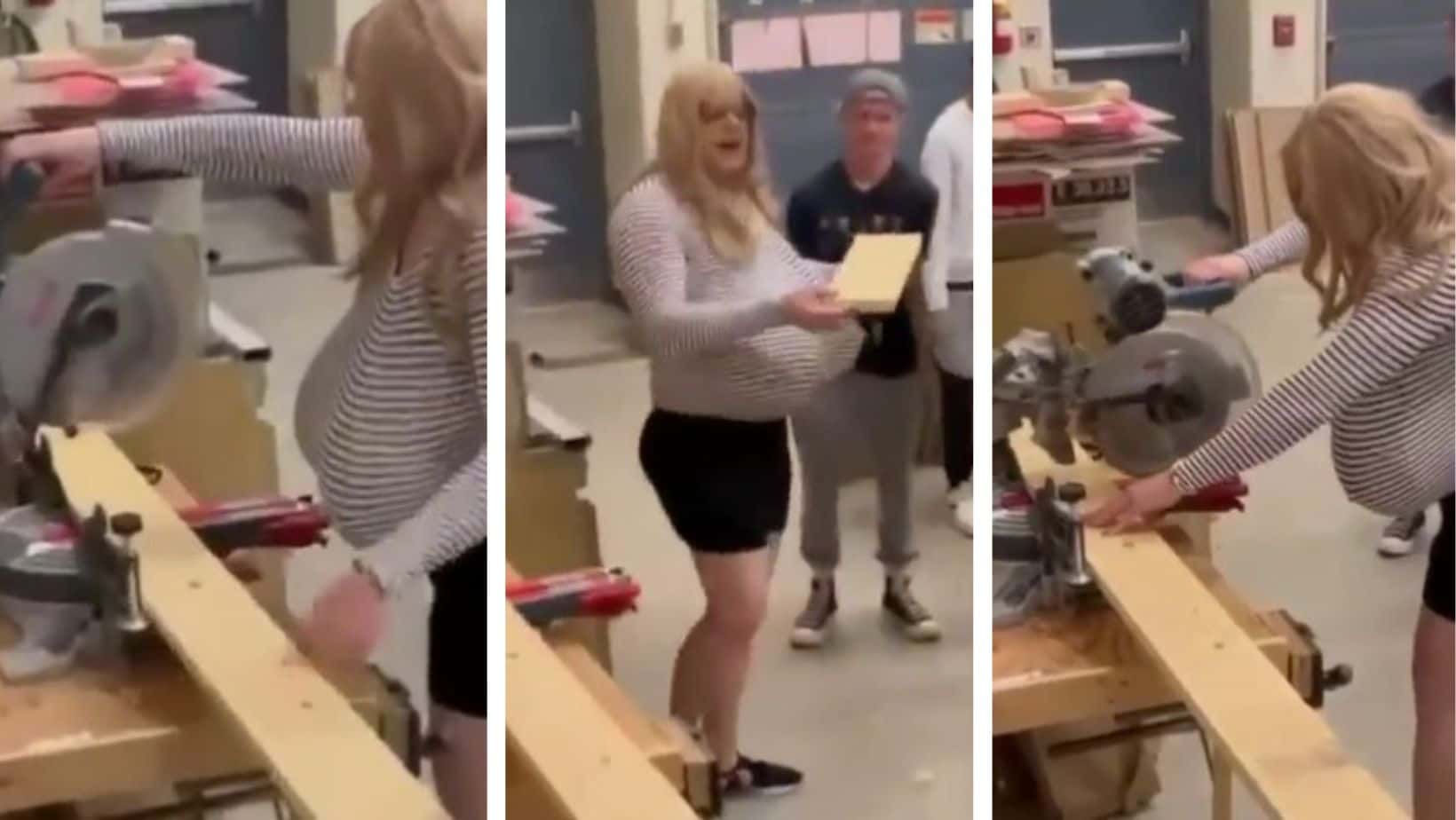 During one class, Ms Lemieux was filmed operating machinery while wearing her large prosthetics (Photo via RamboJohnJ22/Twitter)