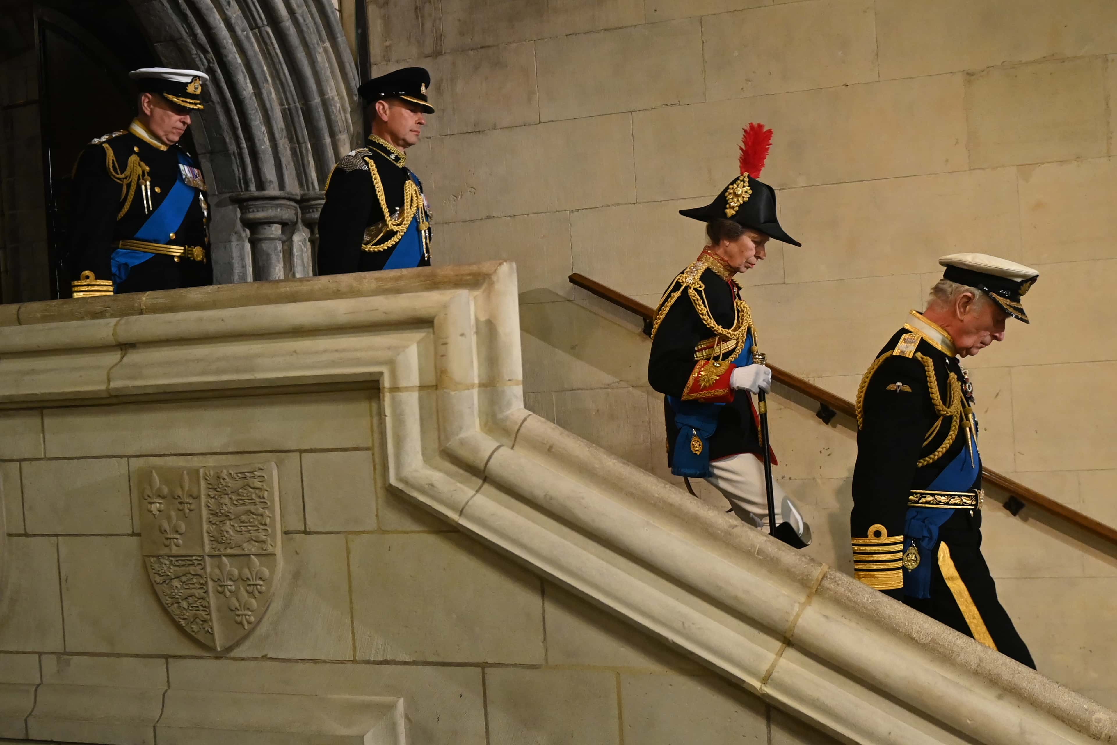 King Charles III, Anne, Princess Royal, Prince Andrew, Duke of York and Prince Edward, Earl of Wessex arrive hold a vigil beside the coffin of their mother, Queen Elizabeth II, as it lies in state on the catafalque in Westminster Hall, at the Palace of Westminster, ahead of her funeral on Monday, on September 16, 2022 in London, England.