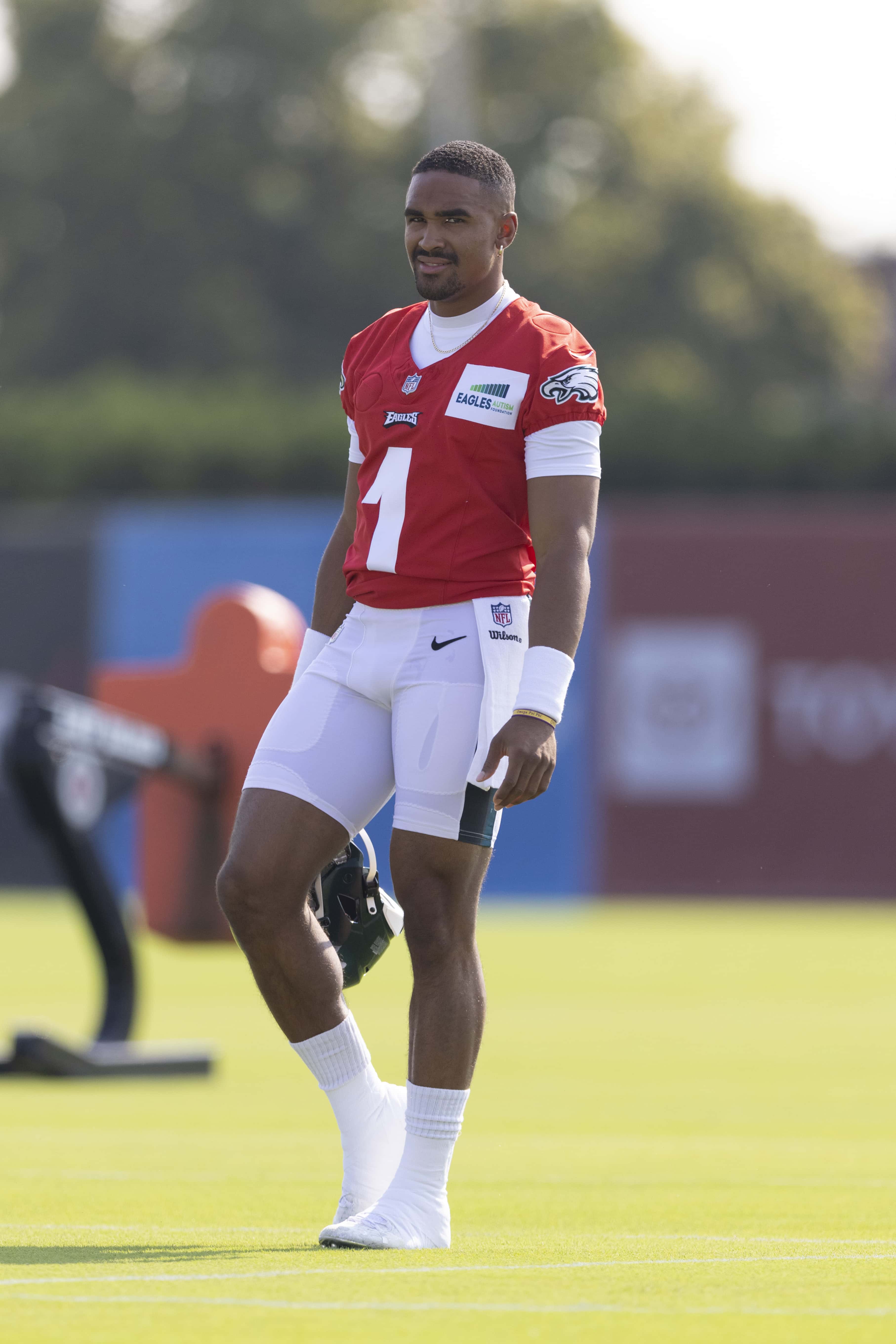 PHILADELPHIA, PA - JULY 28: Jalen Hurts #1 of the Philadelphia Eagles looks on during training camp 