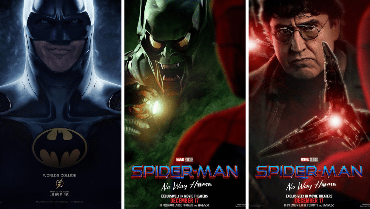 The return of Michael Keaton as Batman in 'The Flash' and William Dafoe as Goblin along with Alfred Molina as Dr. Octopus in 'Spiderman: No Way Home' (@dctheflash/@spidermanmovie/Instagram)