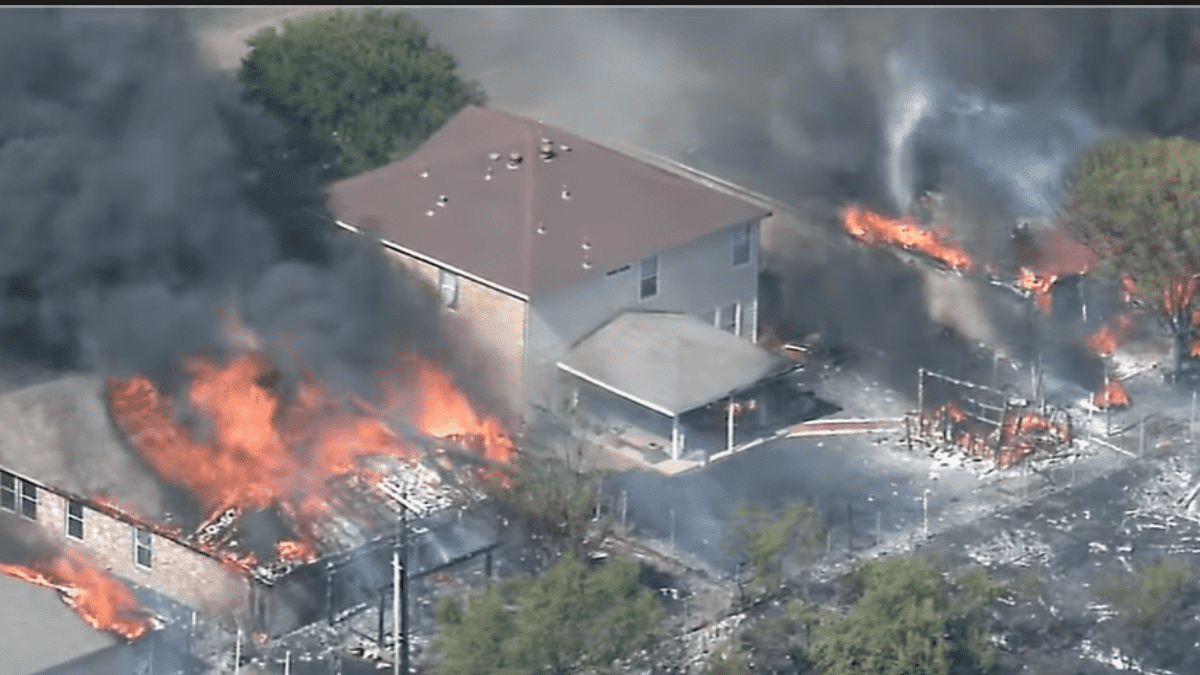 An aerial video captured by a drone showed the raging fire with flames going up in the air (Credit: Fox4 Dallas/YouTube)