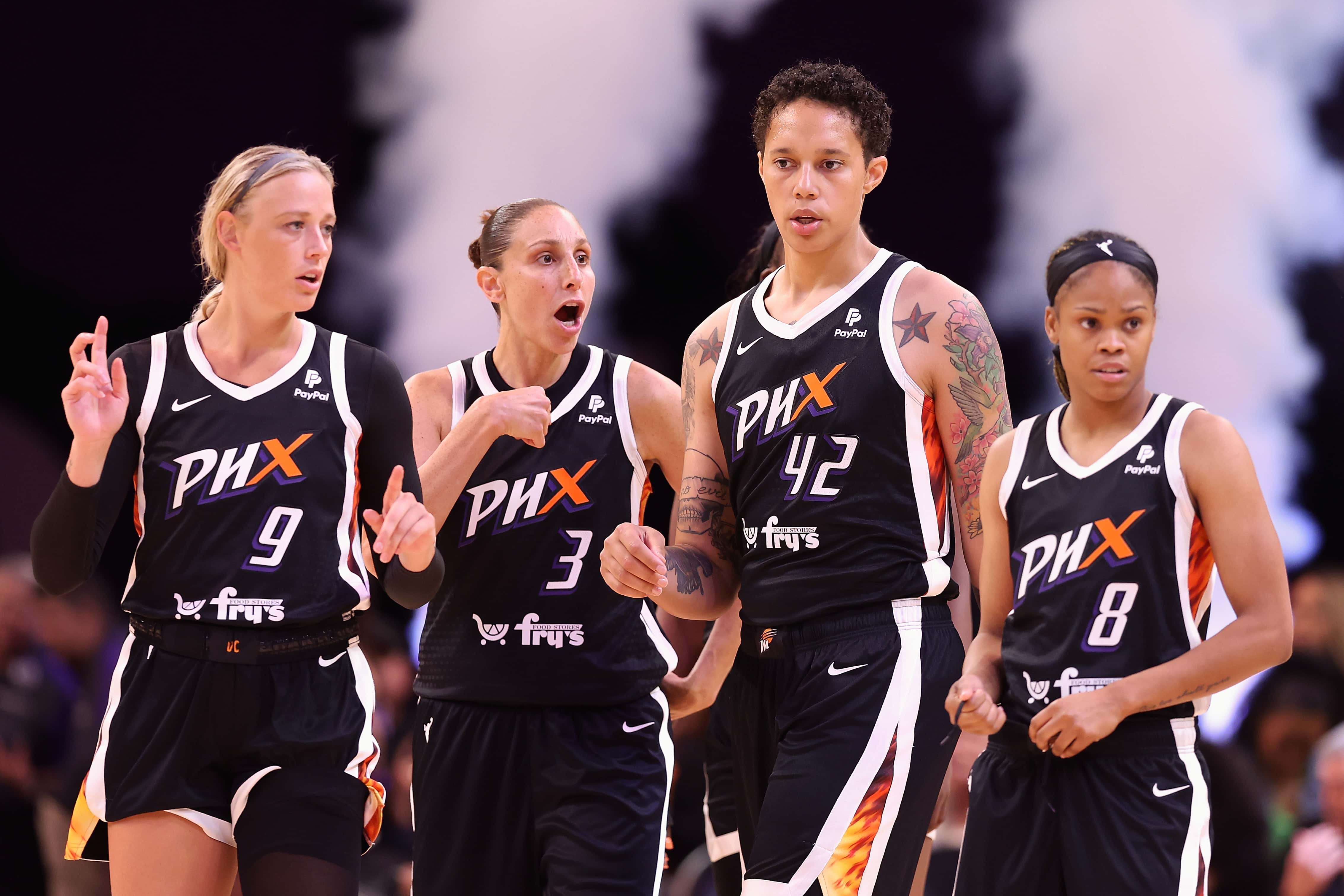 (L-R) Sophie Cunningham #9, Diana Taurasi #3, Brittney Griner #42 and Moriah Jefferson #8 of the Phoenix Mercury walk onto the court during the second half of the WNBA game at Footprint Center on May 21, 2023 in Phoenix, Arizona. NOTE TO USER: User expressly acknowledges and agrees that, by downloading and or using this photograph, User is consenting to the terms and conditions of the Getty Images License Agreement.