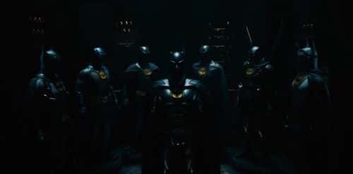 Official still of various Michael Keaton Batman suits in 'The Flash' (Warner Bros)