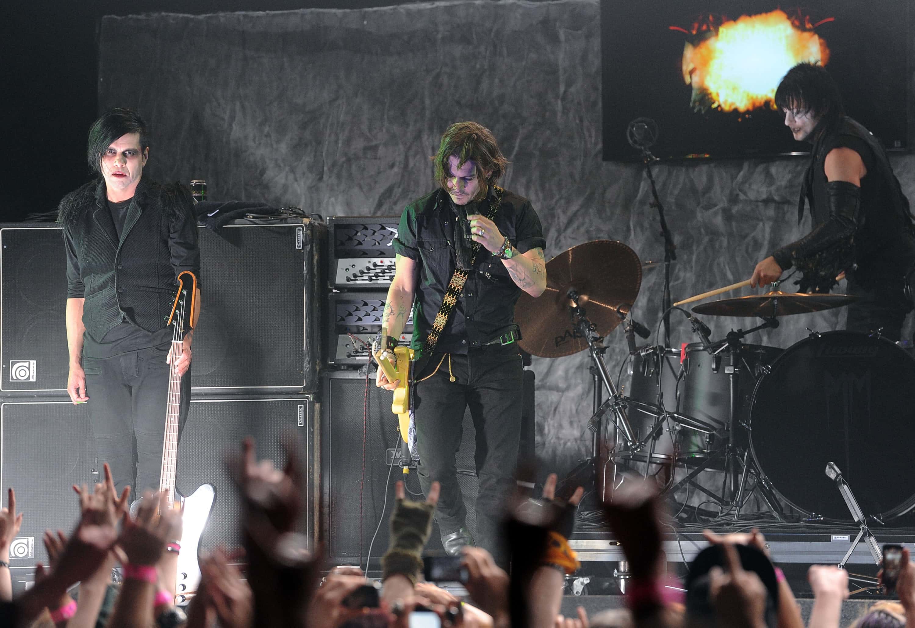 Actor Johnny Depp performs on stage with Marilyn Manson during the 2012 Revolver Golden Gods Award Show at Club Nokia on April 11, 2012 in Los Angeles, California. (Photo by Frazer Harrison/Getty Images)