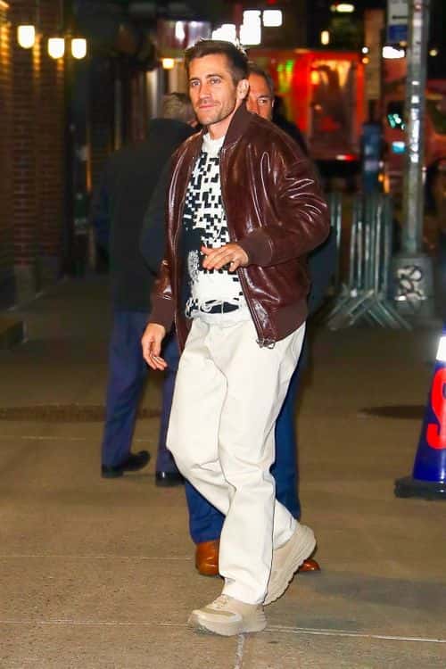 Jake Gyllenhaal rocks a brown bomber jacket. (Photo: Backgrid)
