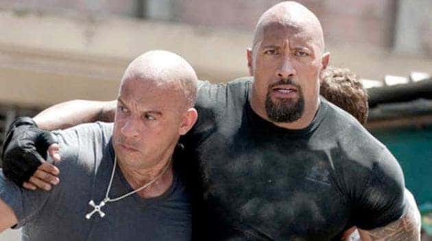Dwayne Johnson and Vin Diesel in a still from 'Fast Five' (Universal Studios)