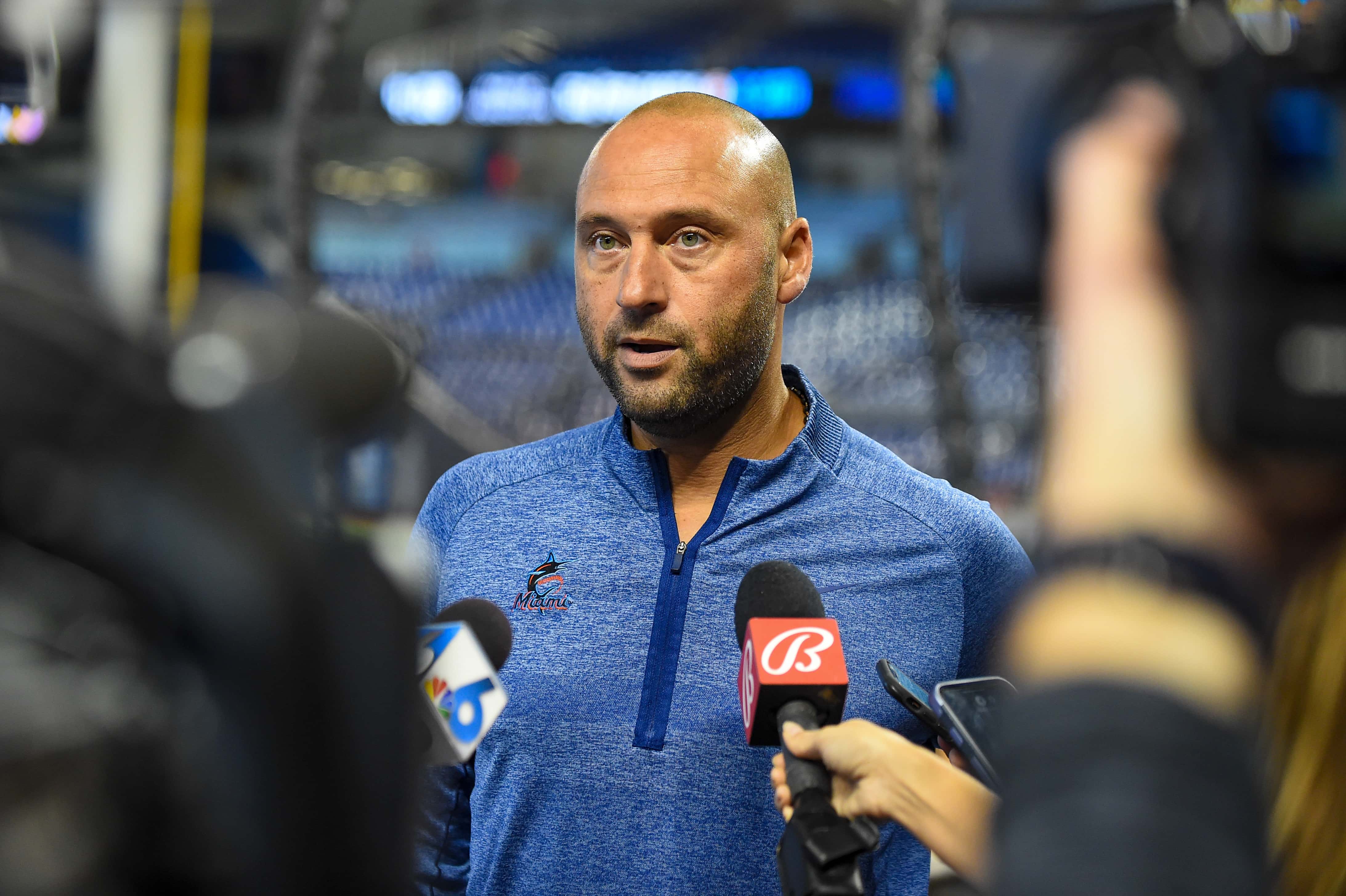 Miami Marlins CEO Derek Jeter speaks to the media before the start of the game against the Philadelphia Phillies at loanDepot park on October 02, 2021 in Miami, Florida.