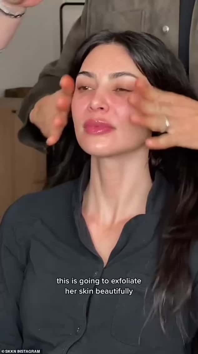 The TV personality was spotted relaxing in a comfortable chair as she revealed the 'secret' to her radiant skin, dressed in casual attire (@skkn/Instagram)