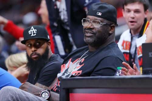 Former NBA player Shaquille O'Neal looks on during the second quarter in Game Three of the Eastern Conference First Round between the Miami Heat and the Atlanta Hawks at State Farm Arena on April 22, 2022 in Atlanta, Georgia. NOTE TO USER: User expressly acknowledges and agrees that, by downloading and or using this photograph, User is consenting to the terms and conditions of the Getty Images License Agreement.