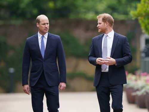 Prince William, Duke of Cambridge (left) and Prince Harry, Duke of Sussex arrive for the unveiling of a statue they commissioned of their mother Diana, Princess of Wales, in the Sunken Garden at Kensington Palace, on what would have been her 60th birthday on July 1, 2021 in London, England. Today would have been the 60th birthday of Princess Diana, who died in 1997. At a ceremony here today, her sons Prince William and Prince Harry, the Duke of Cambridge and the Duke of Sussex respectively, will unveil a statue in her memory. (Photo by Yui Mok - WPA Pool/Getty Images)