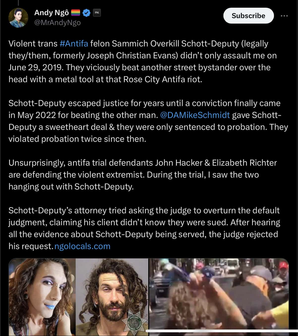 Andy Ngo's tweet against Sammich Overkill Schott-Deputy (@MrAndyNgo/Twitter)