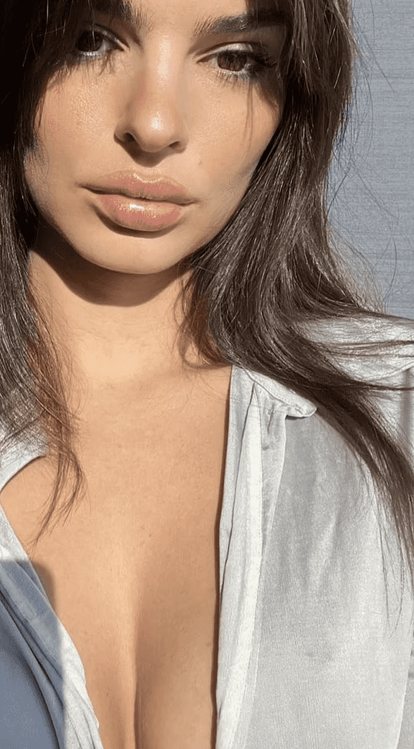 Emily Ratajkowski wore a silver collared blouse with a plunging neckline, exposing her chest in the snapshot (Instagram/@emrata)