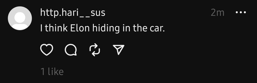 One user made a sarcastic comment of Elon hiding in the car (@mrbeast/Threads)