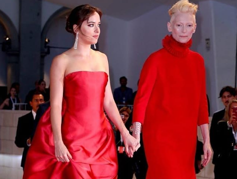 Johnson with the 'Suspiria' cast at the 75th Venice International Film Festival (Instagram)