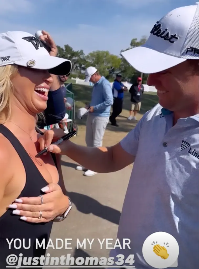 Karin Hart and Justin Thomas engage in a lighthearted exchange at the 2023 Valspar Championship (@karinhart/Instagram)