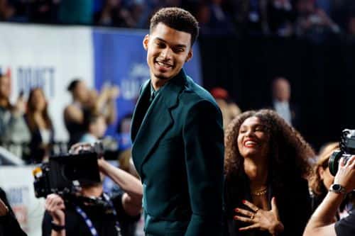 Victor Wembanyama celebrates after being drafted first overall pick by the San Antonio Spurs during the first round of the 2023 NBA Draft at Barclays Center on June 22, 2023 in the Brooklyn borough of New York City. NOTE TO USER: User expressly acknowledges and agrees that, by downloading and or using this photograph, User is consenting to the terms and conditions of the Getty Images License Agreement.
