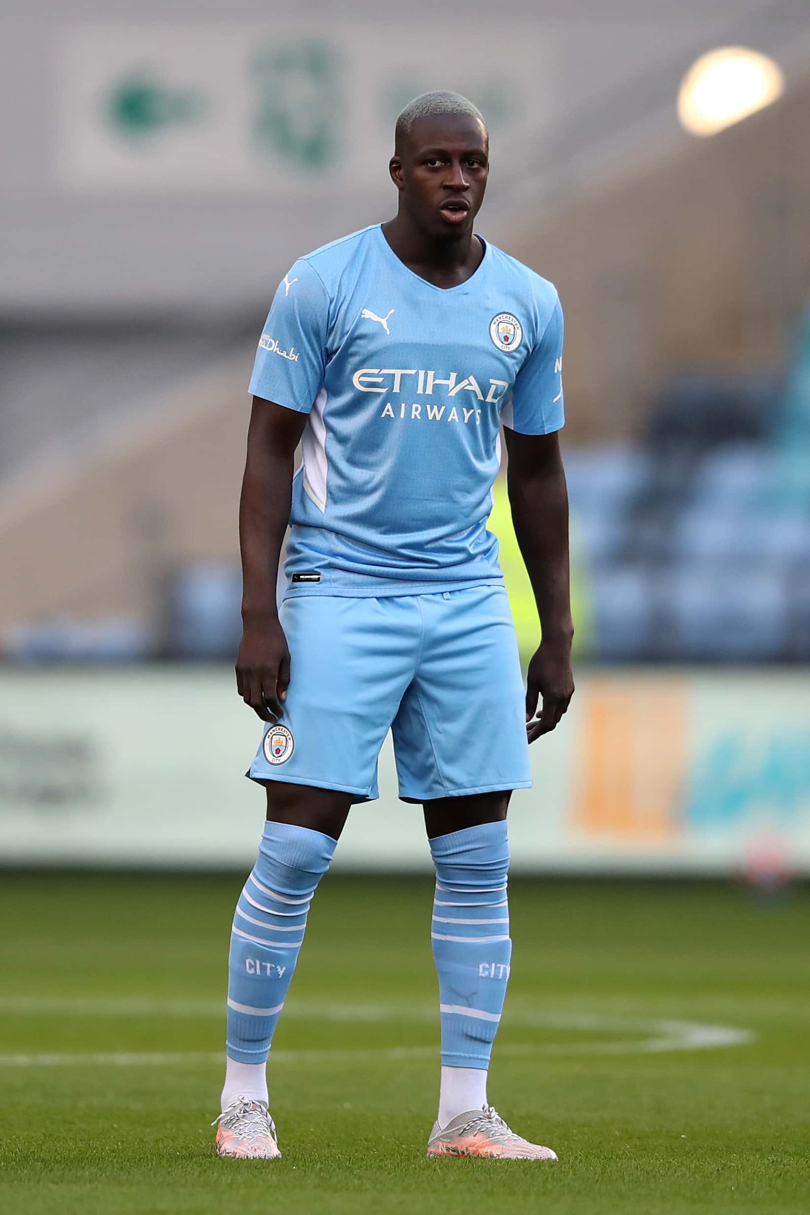Benjamin Mendy of Manchester City in action during a pre-season friendly match between Manchester City and Preston North End at Manchester City Football Academy on July 27, 2021 in Manchester, England.