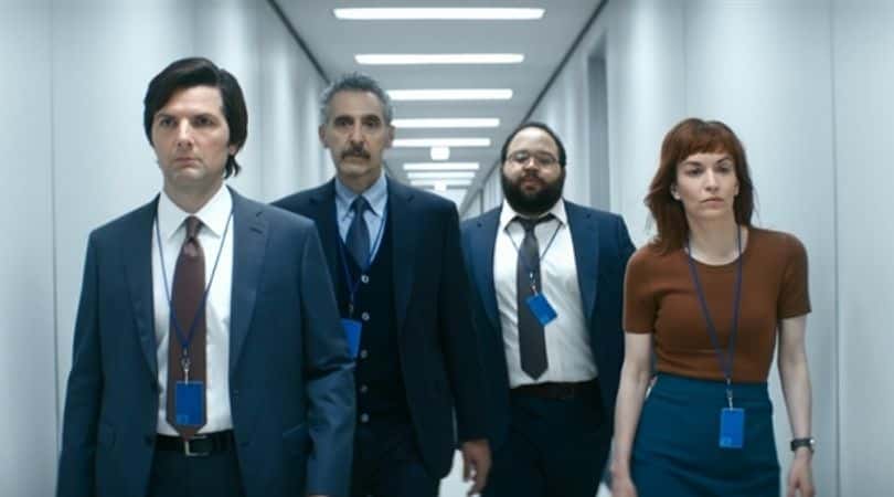 Adam Scott as Mark Scout, John Turturro as Irving, Zach Cherry as Dylan, Britt Lower as Helly in 'Severance' (Apple TV+)