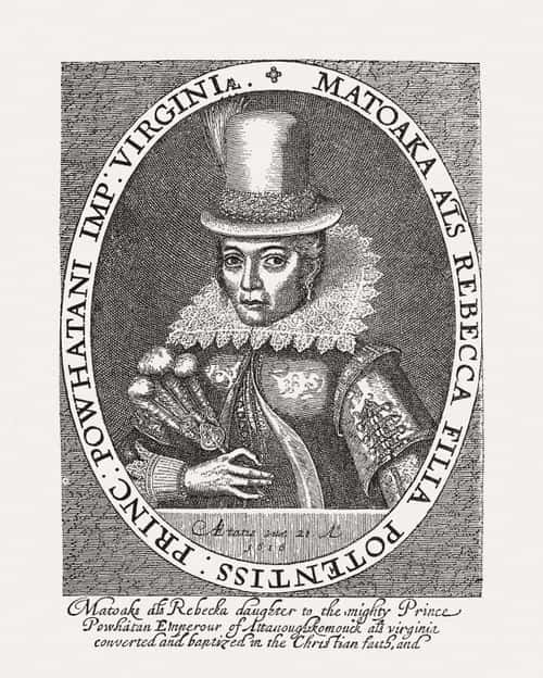 Pocahontas (born Matoaka, known as Amonute, and later known as Rebecca Rolfe, c. 1596 - 1617), Native American. She was an intermediary between the trunks of the Virginia Algonquian and the English colonists. Wood engraving after an etching (1616), published in 1884.