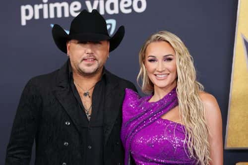 (L-R) Jason Aldean and Brittany Kerr attend the 57th Academy of Country Music Awards at Allegiant Stadium on March 07, 2022 in Las Vegas, Nevada. (Photo by Mike Coppola/Getty Images)