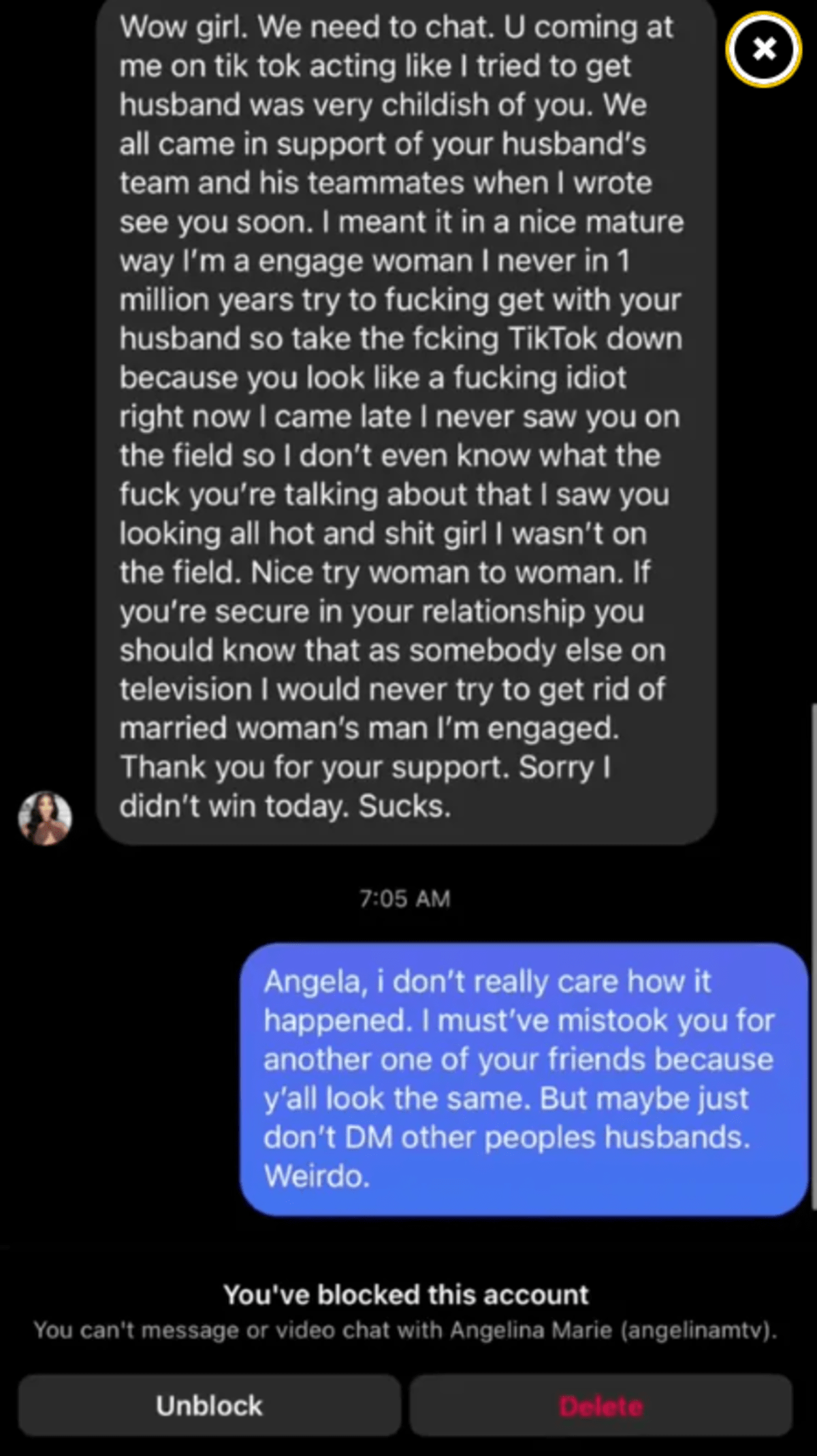 “We all came in support of your husband’s team and his teammates when I wrote see you soon,” Pivarnick said to Alexis in a DM
AlexisBawden/TikTok

