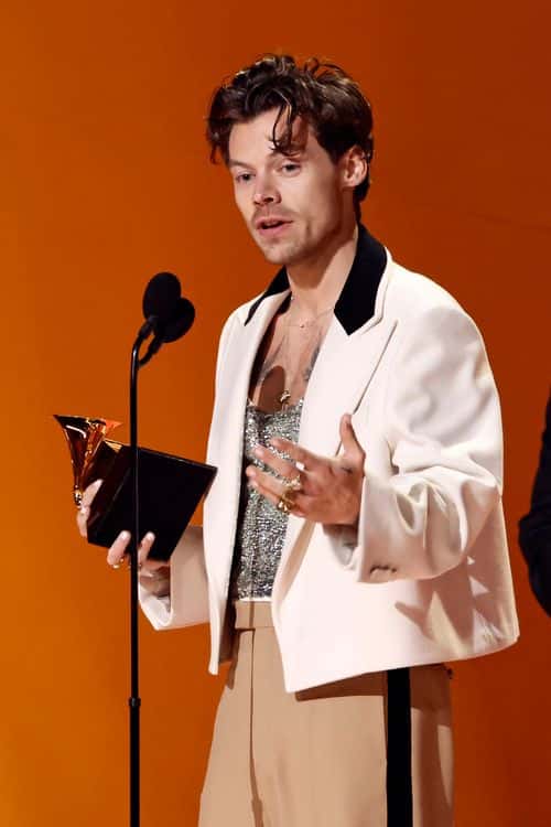(FOR EDITORIAL USE ONLY) Harry Styles accepts the Album Of The Year award for “Harry's House” onstage during the 65th GRAMMY Awards at Crypto.com Arena on February 05, 2023 in Los Angeles, California.