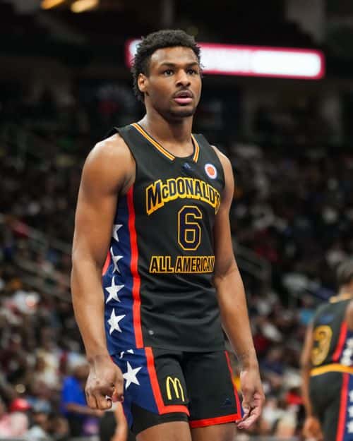Bronny James #6 of the West team looks on during the 2023 McDonald's High School Boys All-American Game at Toyota Center on March 28, 2023 in Houston, Texas.