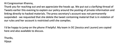 Vijaya Gadde's reply (@mtaibbi/Twitter)