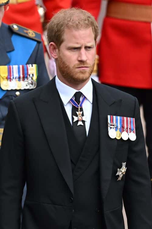Prince Harry, Duke of Sussex arrives at Windsor Castle on September 19, 2022 in Windsor, England. The committal service at St George's Chapel, Windsor Castle, took place following the state funeral at Westminster Abbey. A private burial in The King George VI Memorial Chapel followed. Queen Elizabeth II died at Balmoral Castle in Scotland on September 8, 2022, and is succeeded by her eldest son, King Charles III.
