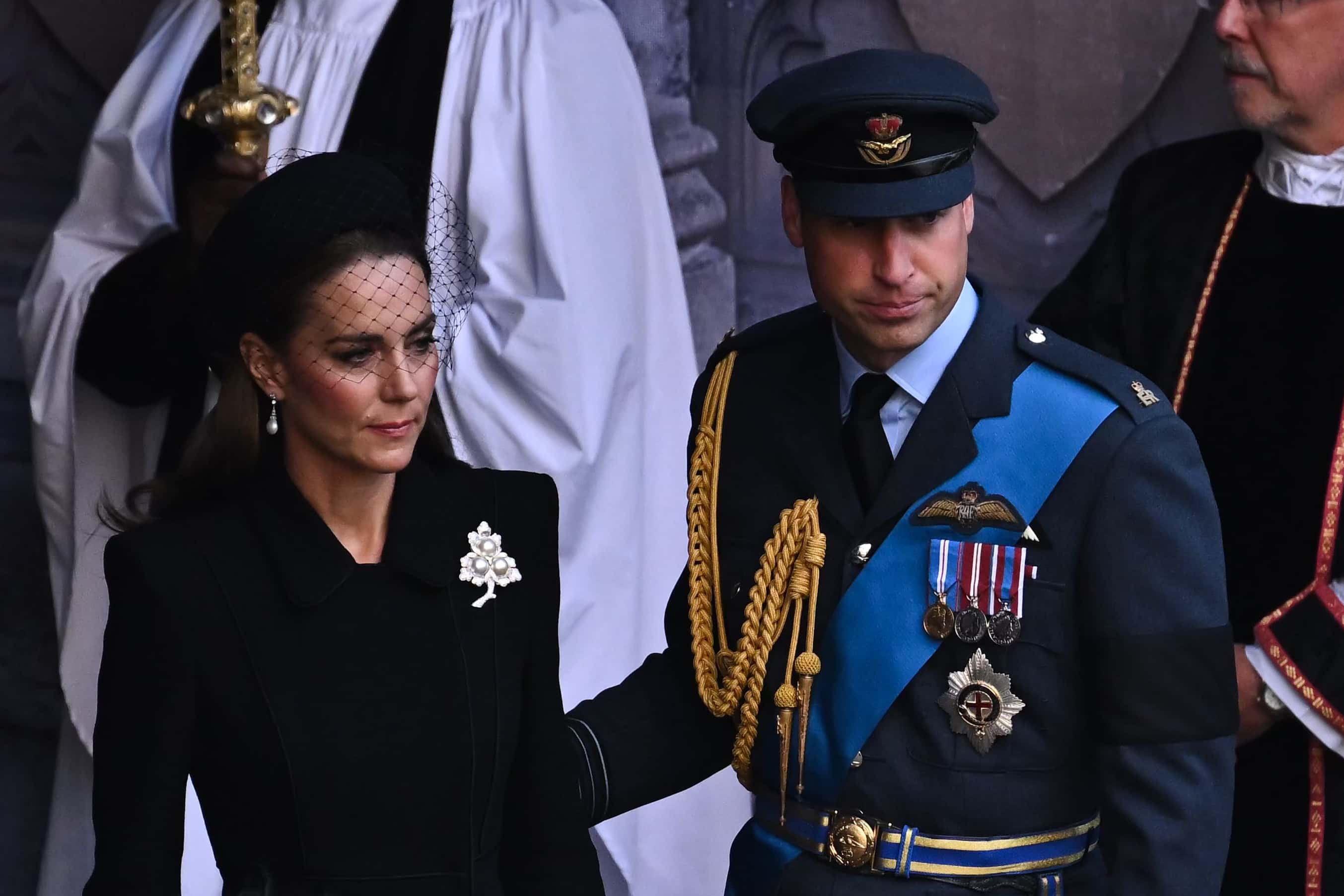 Catherine, Princess of Wales and Prince William, Prince of Wales leave after a service for the reception of Queen Elizabeth II's coffin at Westminster Hall, on September 14, 2022 in London, United Kingdom. Queen Elizabeth II's coffin is taken in procession on a Gun Carriage of The King's Troop Royal Horse Artillery from Buckingham Palace to Westminster Hall where she will lay in state until the early morning of her funeral. Queen Elizabeth II died at Balmoral Castle in Scotland on September 8, 2022, and is succeeded by her eldest son, King Charles III.