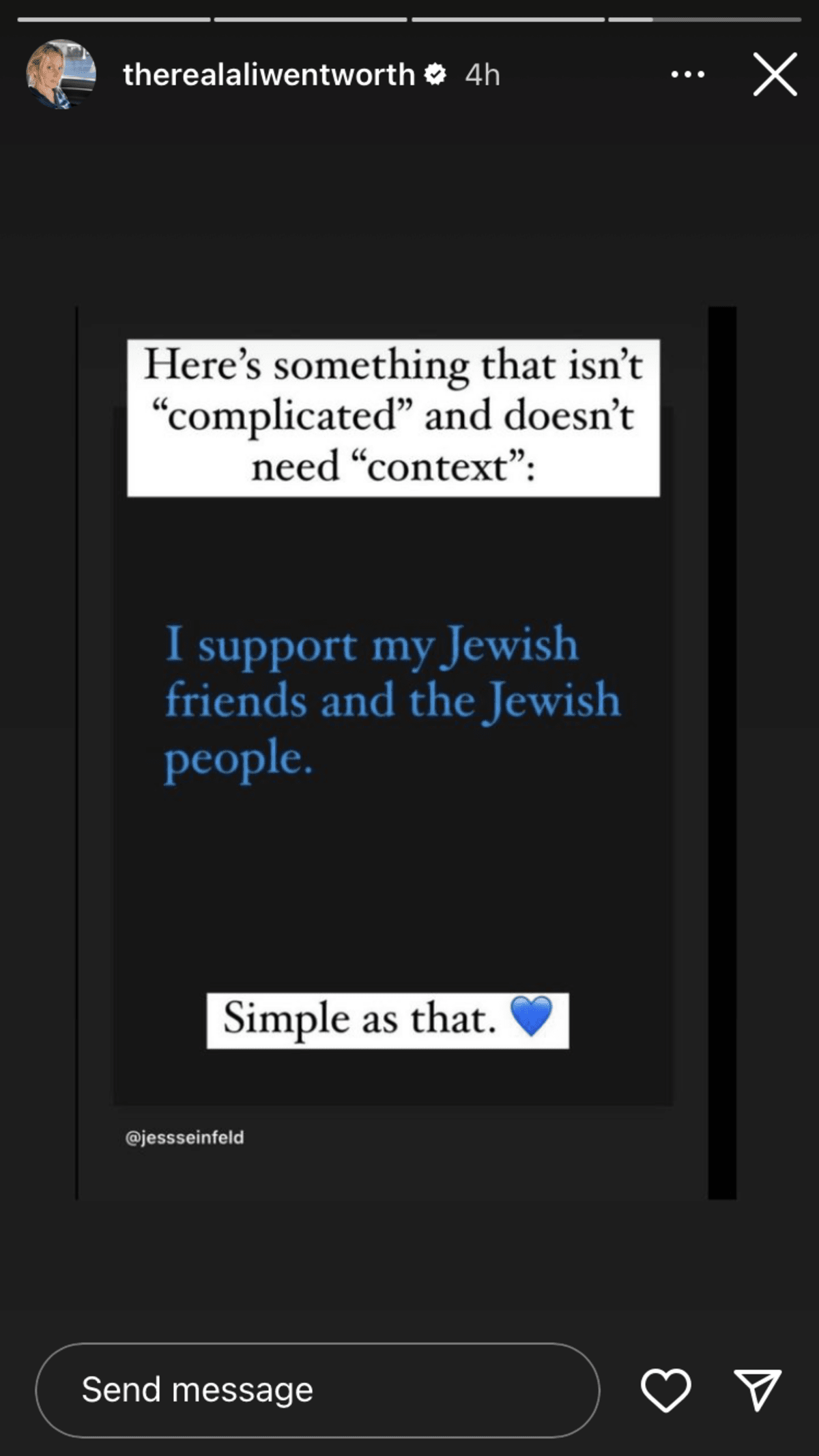 Ali Wentworth re-shared a message of support for Jewish people posted by Jessica Seinfeld (@realaliwentworth/Instagram)