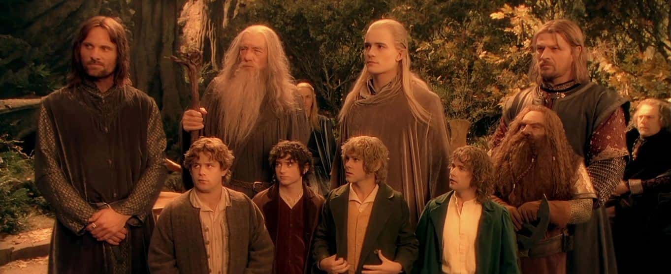 Viggo Mortensen (Aragorn), Sir Ian McKellen (Gandalf), Orlando Bloom (Legolas), Sean Bean (Boromir), Gimli (John-Rhys Davies), Sean Astin (Samwise Gamgee), Elijah Wood (Frodo Baggins), Dominic Monaghan (Merry) and Billy Boyd (Pippin) in 'Lord of the Rings: Fellowship of the Ring' (New Line Cinema)