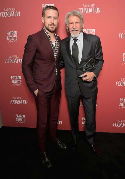 Ryan Gosling (L) and Artists Inspiration Award recipient Harrison Ford attend the SAG-AFTRA Foundation's 3rd Annual Patron of the Artists Awards at the Wallis Annenberg Center for the Performing Arts on November 8, 2018 in Beverly Hills, California.