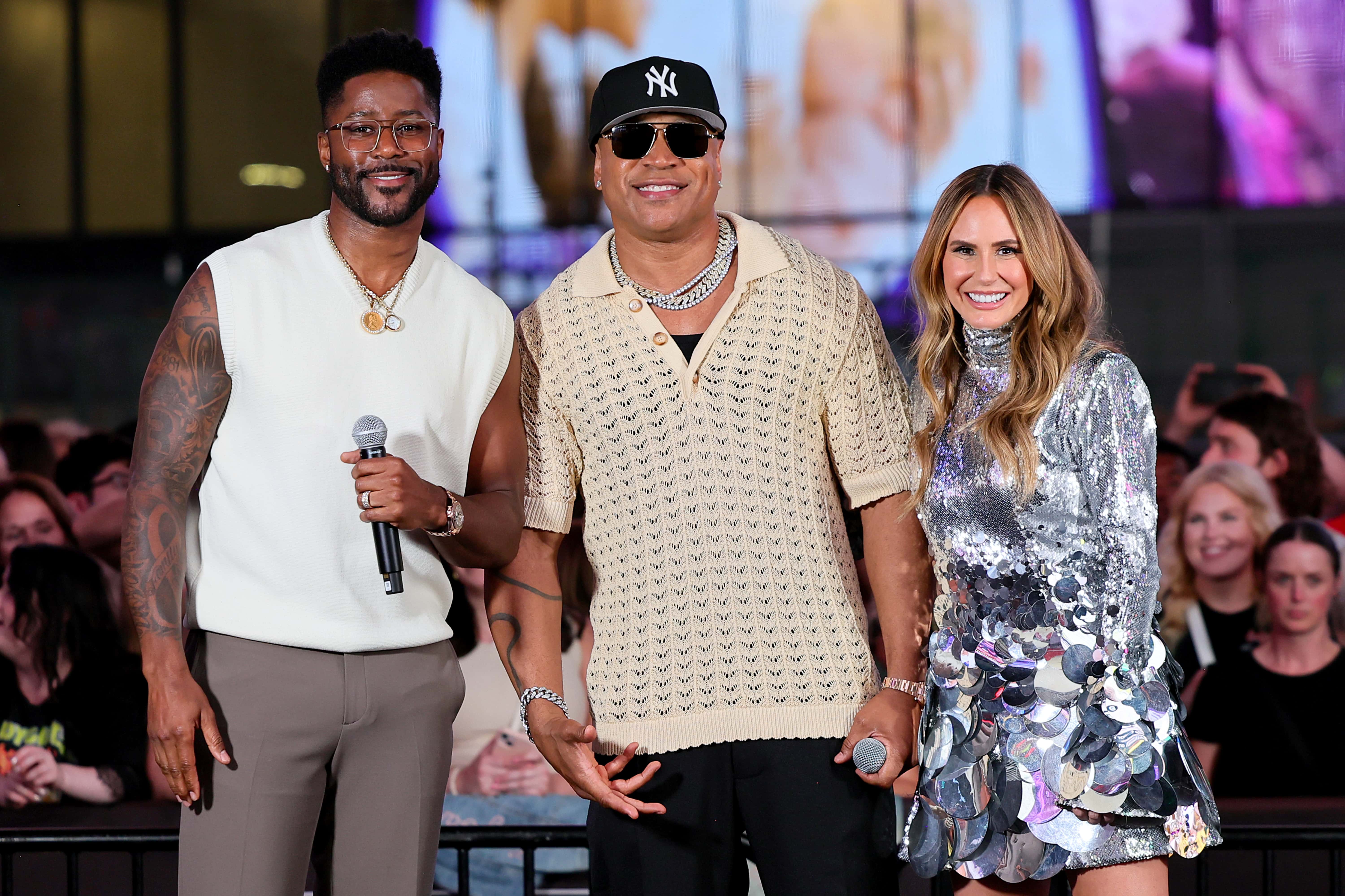 (L-R) Nate Burleson, LL Cool J, and Keltie Knight attend the 