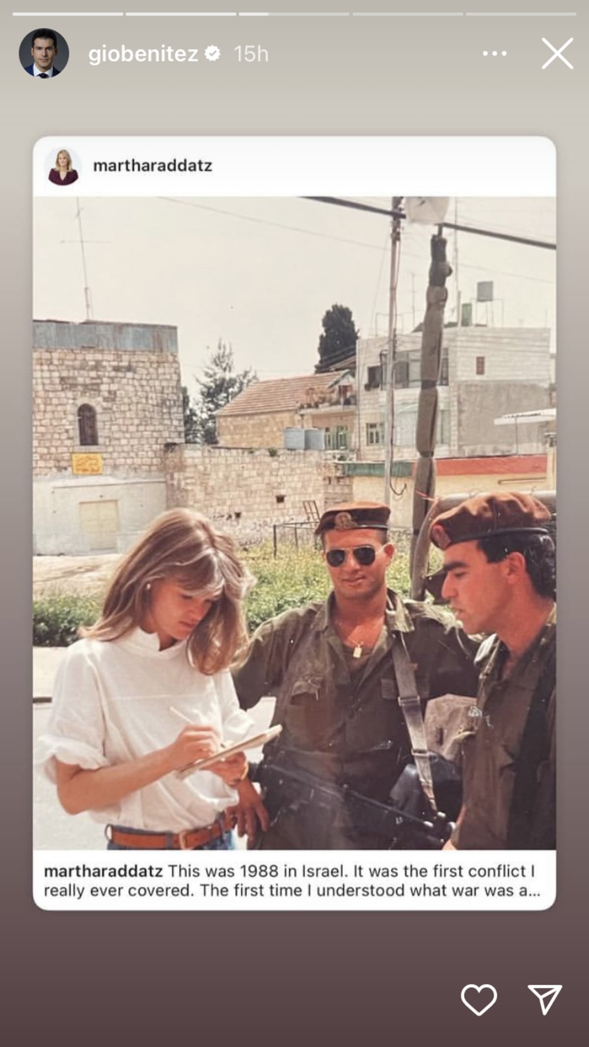 'GMA' weekend host Gio Benitez also shared Martha Raddatz's post on Israel (@giobenitez/Instagram)
