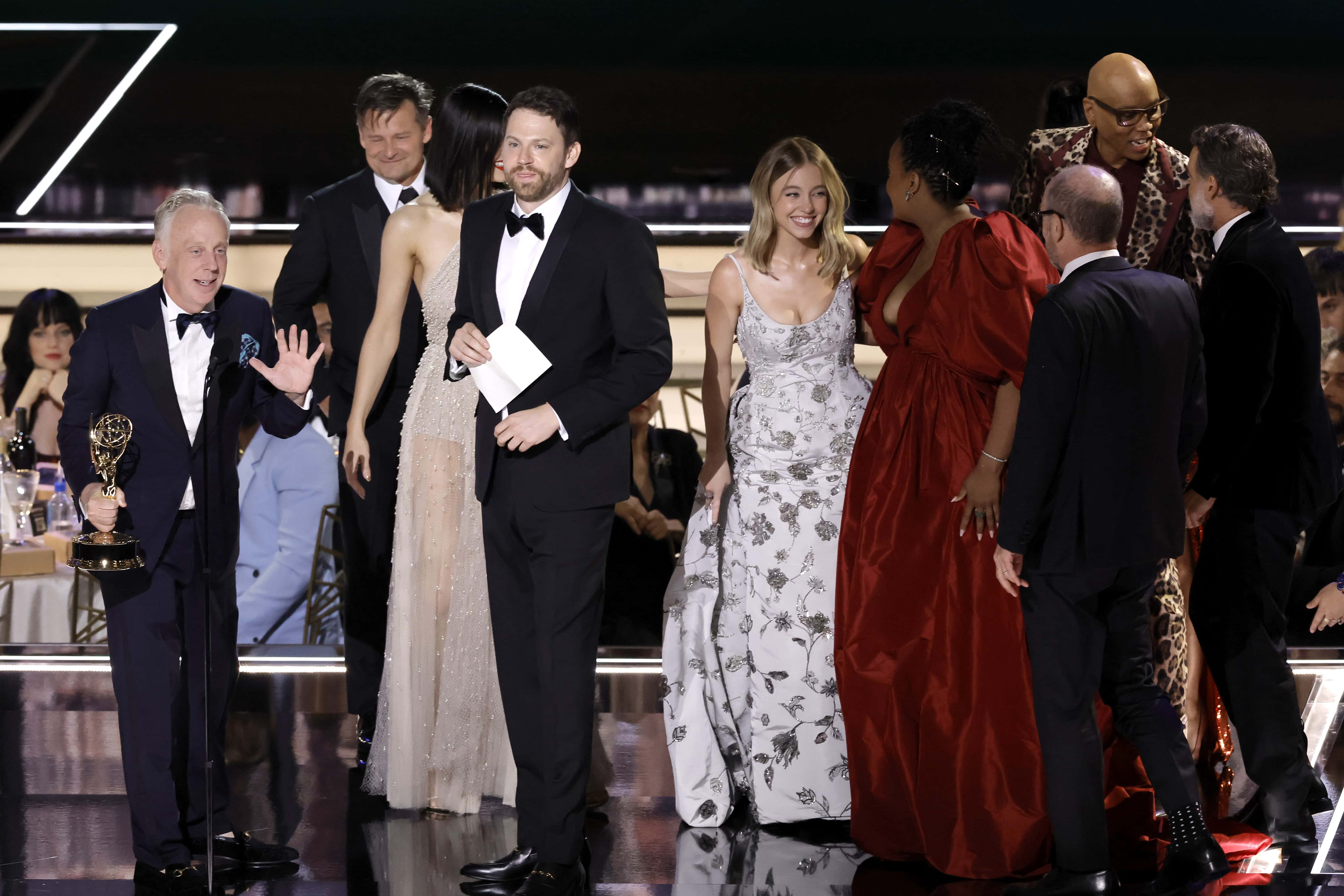 David Bernad (L), Mike White (2nd L),  and cast and crew from 'The White Lotus' accept the Outstanding Limited or Anthology Series onstage during the 74th Primetime Emmys at Microsoft Theater on September 12, 2022 in Los Angeles, California.