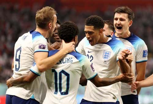Raheem Sterling of England celebrates with teammates after scoring their team's third goal during the FIFA World Cup Qatar 2022 Group B match between England and IR Iran at Khalifa International Stadium on November 21, 2022 in Doha, Qatar.
