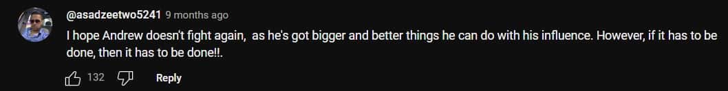 A user stated they don't want Andrew Tate to fight (TK Talks/YouTube)