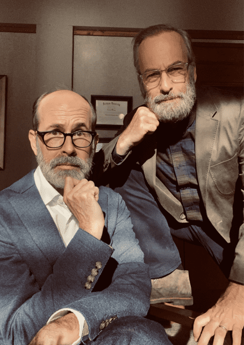Brian Huskey and Bob Odenkirk on the set of 'Lucky Hank', ep. 102