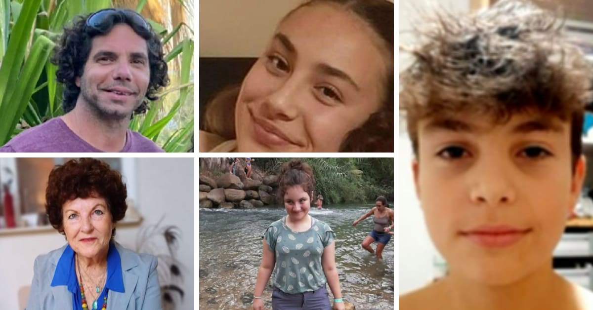 Abbey Onn's five members who are reportedly held captive by Hamas are (Top L-R) Ofer Kalderon, 50, Sahar Kalderon, 16, (Bottom L-R) Camela Dan, 80, Noya Dan, 13, and (R) Erez Kalderon, 12 (CBS News/Screengrab)
