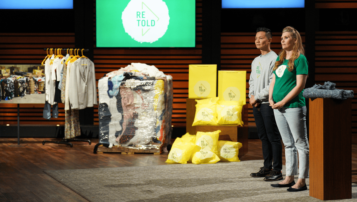 Alan Yeoh and Amelia Trumble pitch their company Re Told Recycling to the Sharks on 'Shark Tank' (ABC)