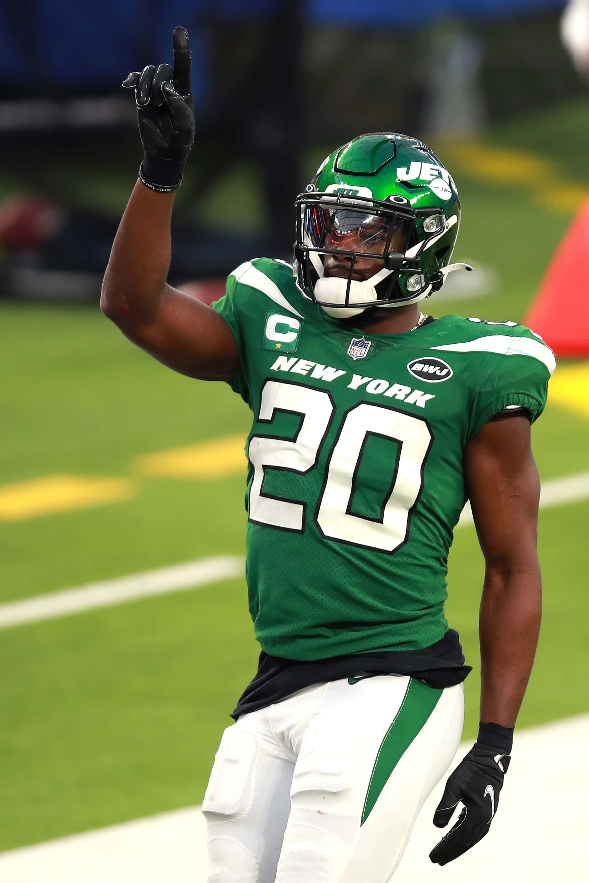 Marcus Maye #20 of the New York Jets reacts after breaking up a pass late in the fourth quarter against the Los Angeles Rams at SoFi Stadium on December 20, 2020 in Inglewood, California.