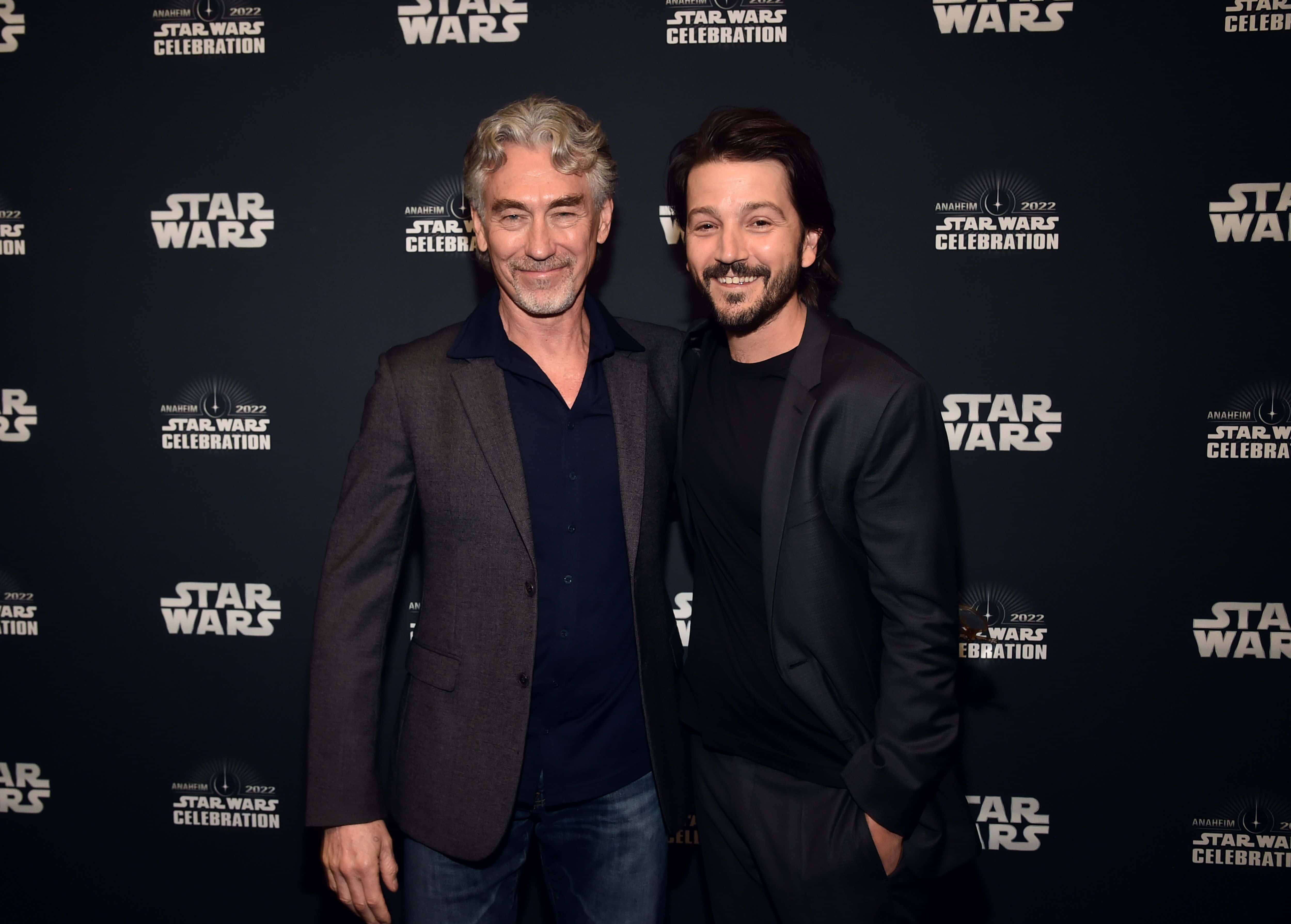 (L-R) Tony Gilroy and Diego Luna attend the studio showcase panel at Star Wars Celebration for “Andor” in Anaheim, California on May 26, 2022. The new original series from Lucasfilm launches exclusively on Disney+ August 31.