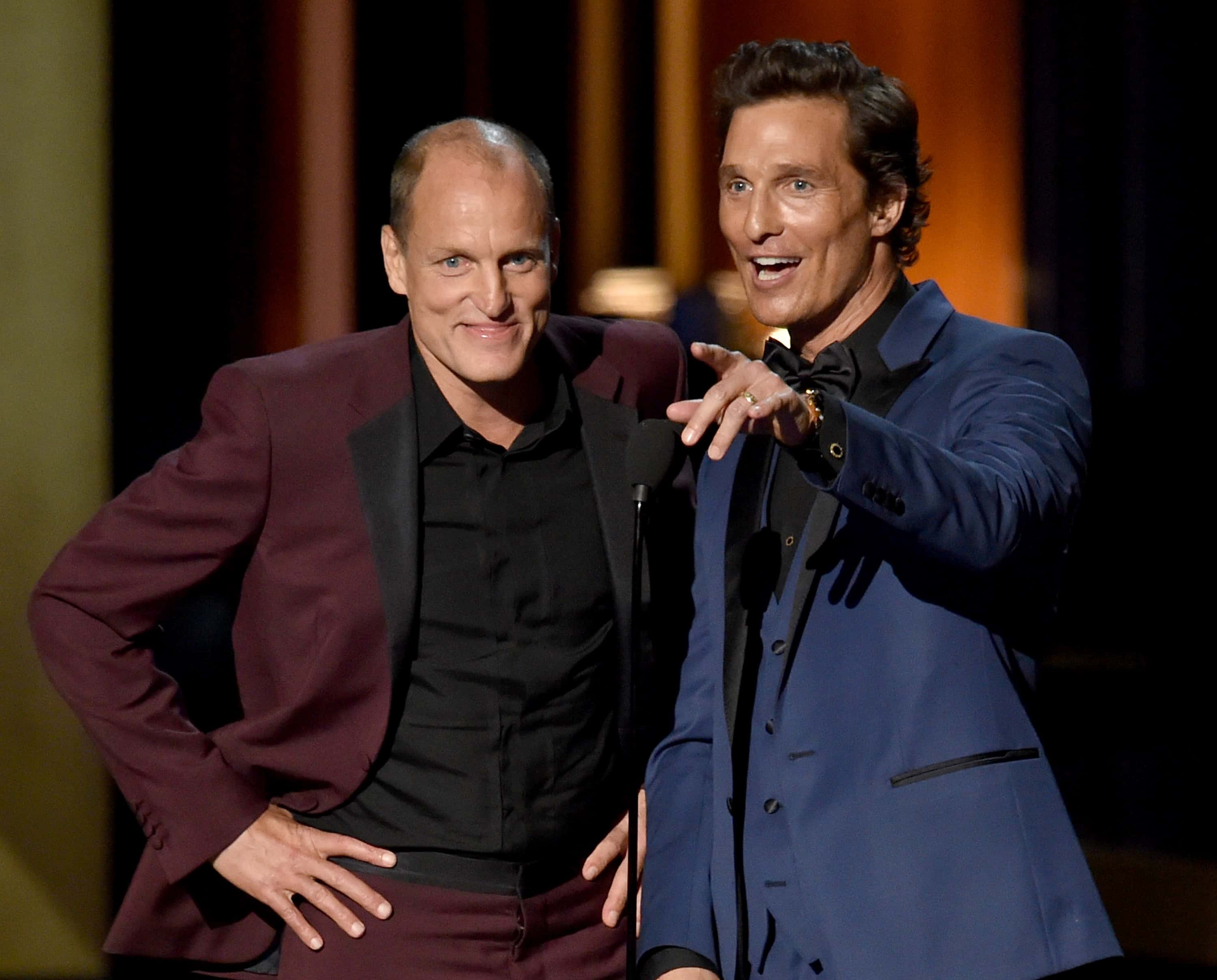 LOS ANGELES, CA - AUGUST 25: Actors Woody Harrelson (L) and Matthew McConaughey speak onstage at the 66th Annual Primetime Emmy Awards held at Nokia Theatre L.A. Live on August 25, 2014 in Los Angeles, California. (Photo by Kevin Winter/Getty Images)
